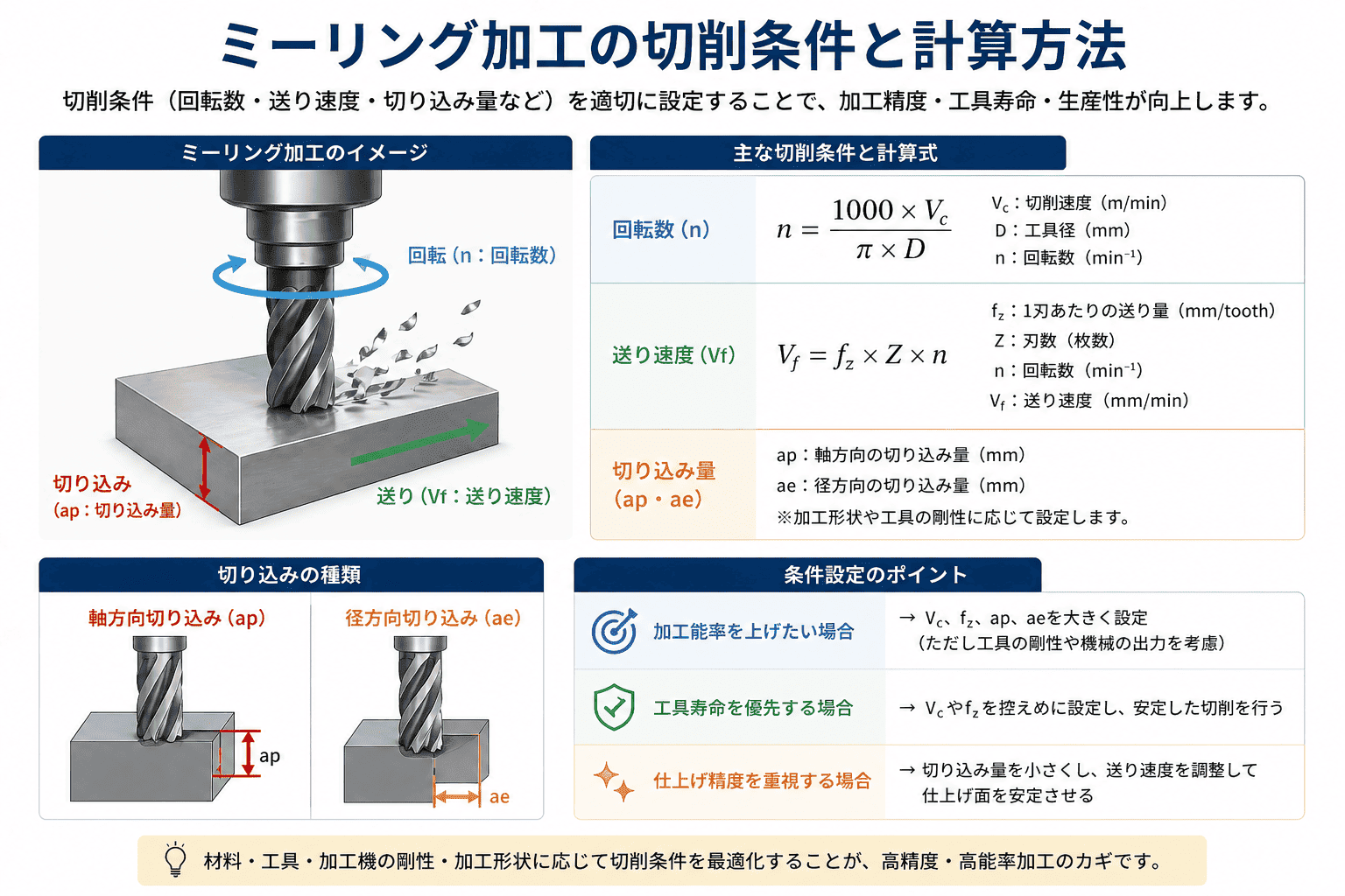 ミーリング加工の切削条件と計算方法についての図解