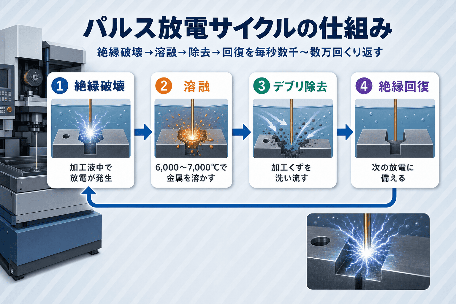 ワイヤーカット放電加工機の仕組みに関する図解