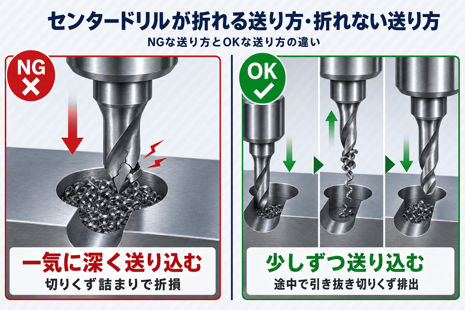センタードリルが折れる送り方・折れないOKな送り方の比較。NG例:一気に深く送り込むと切りくず詰まりで折損する様子(ドリルが破損し切りくずが溜まった穴)。OK例:少しずつ送り込み途中で引き抜き切りくずを排出する3ステップ(送り込み・引き抜き・再度送り込み)