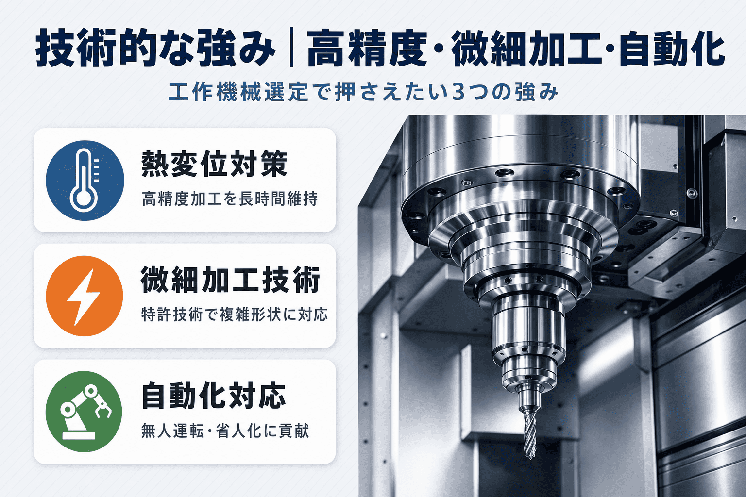 技術的な強み:高精度・微細加工・自動化。工作機械選定で押さえたい3つの強みとして、熱変位対策(高精度加工を長時間維持)、微細加工技術(特許技術で複雑形状に対応)、自動化対応(無人運転・省人化に貢献)を紹介。右側に工作機械の主軸とドリル部分のクローズアップ写真を掲載