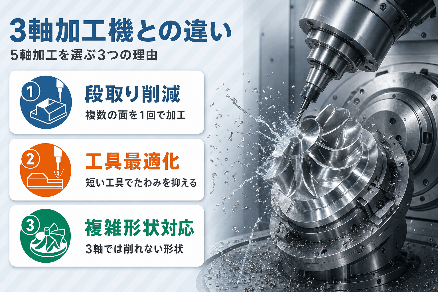 3軸加工機との違い｜5軸加工を選ぶ理由｜段取り削減・工具最適化・複雑形状対応の3つの優位点
