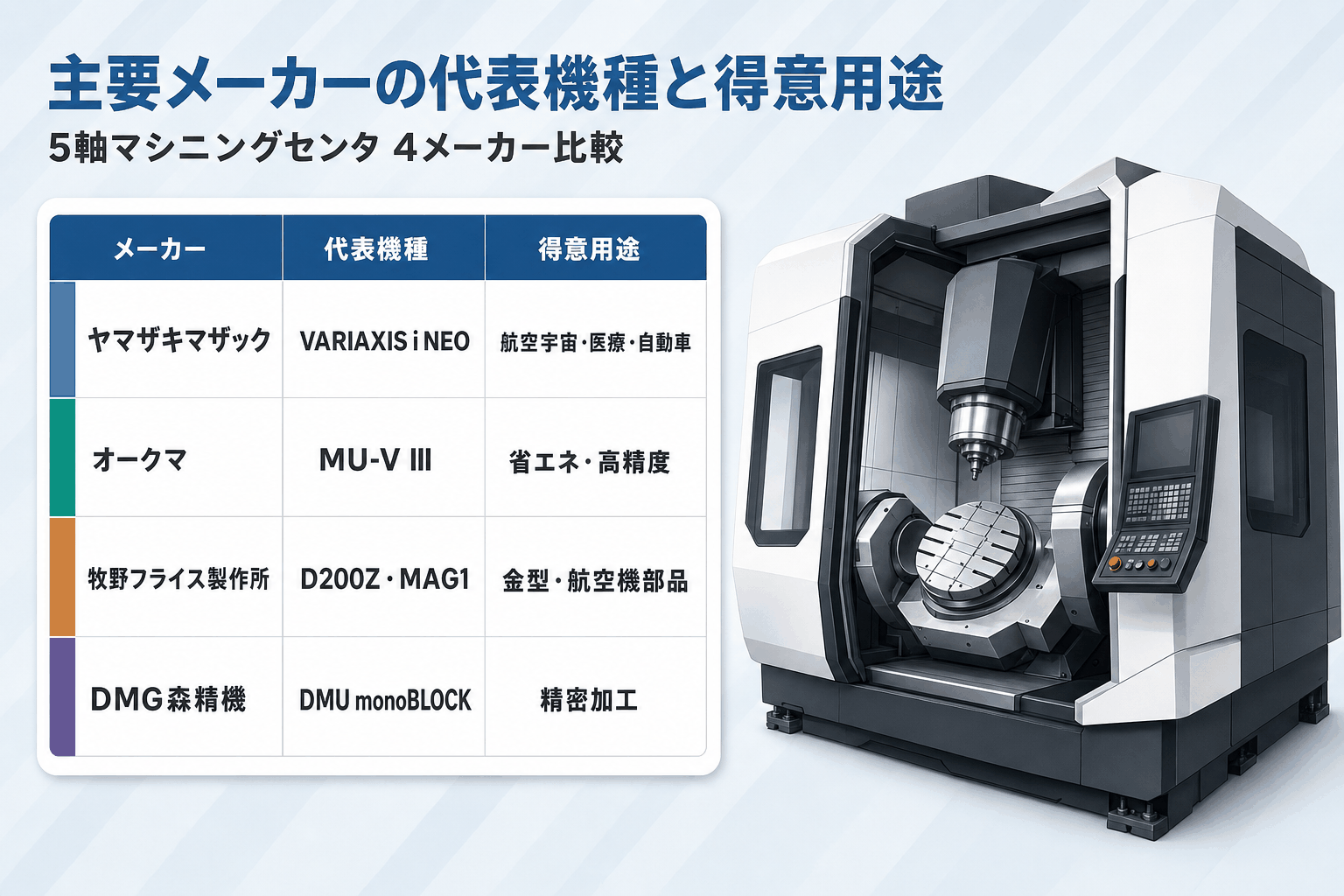 5軸マシニングセンタ 主要メーカー比較｜得意用途・代表機種・価格帯・テーブルサイズ
