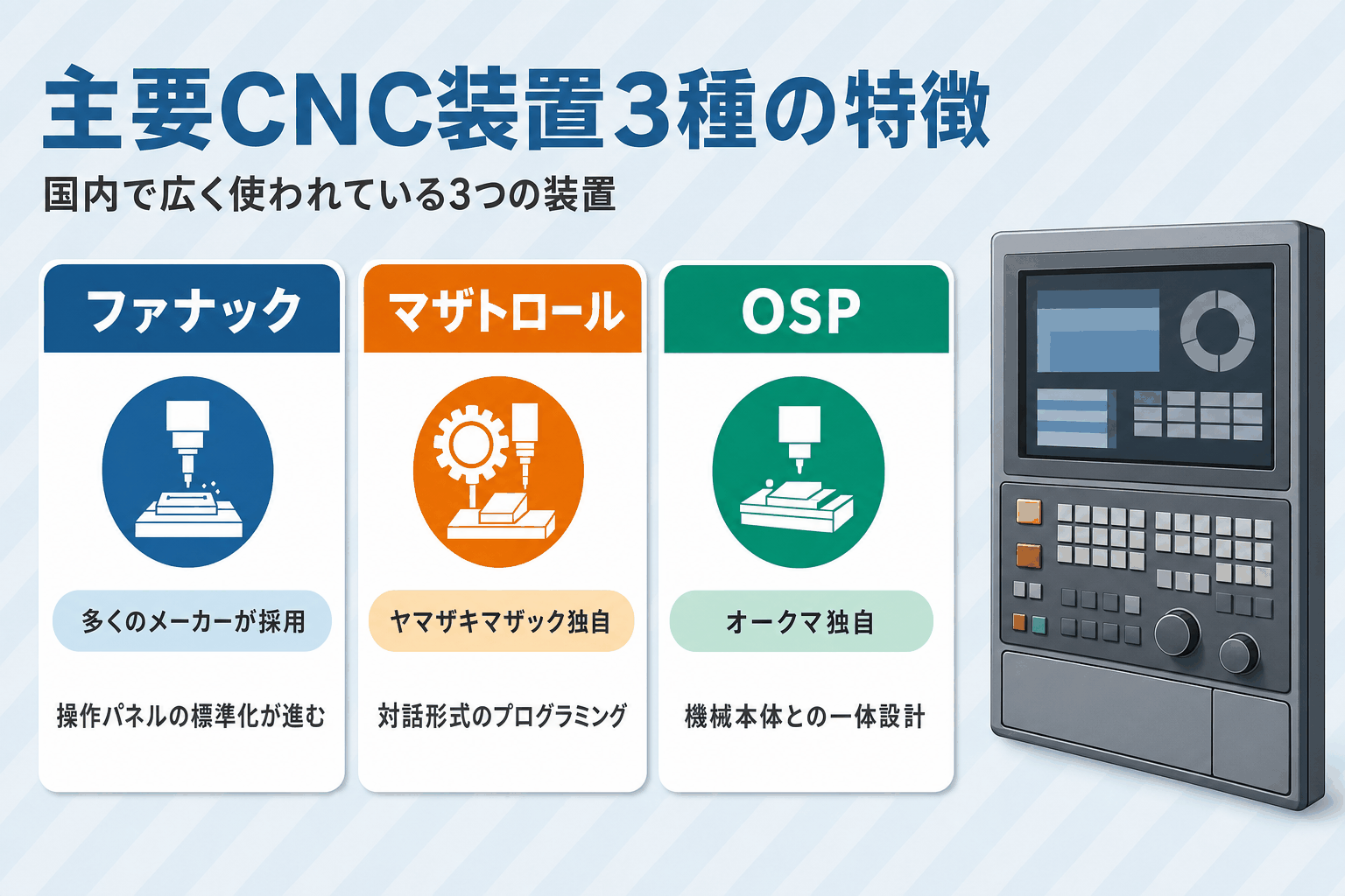 CNC制御装置3種の特徴比較