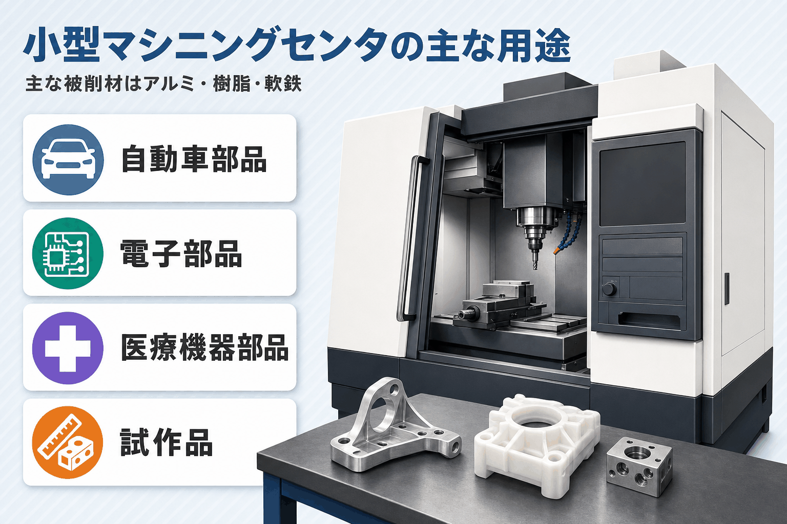 小型MCの主な用途と被削材：アルミ・樹脂から精密部品まで幅広く対応
