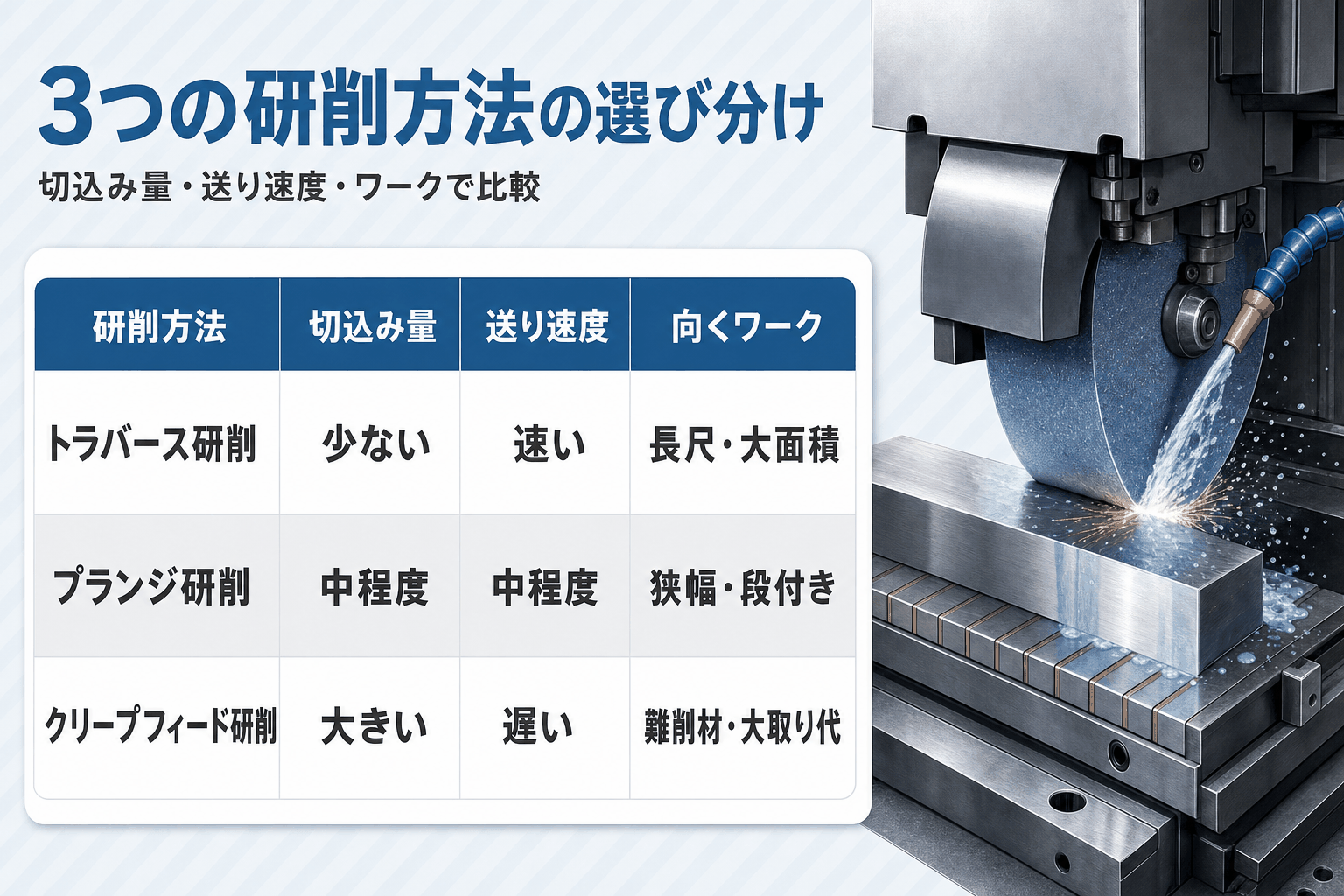 図解：3つの研削方法の特徴と選び分けポイント