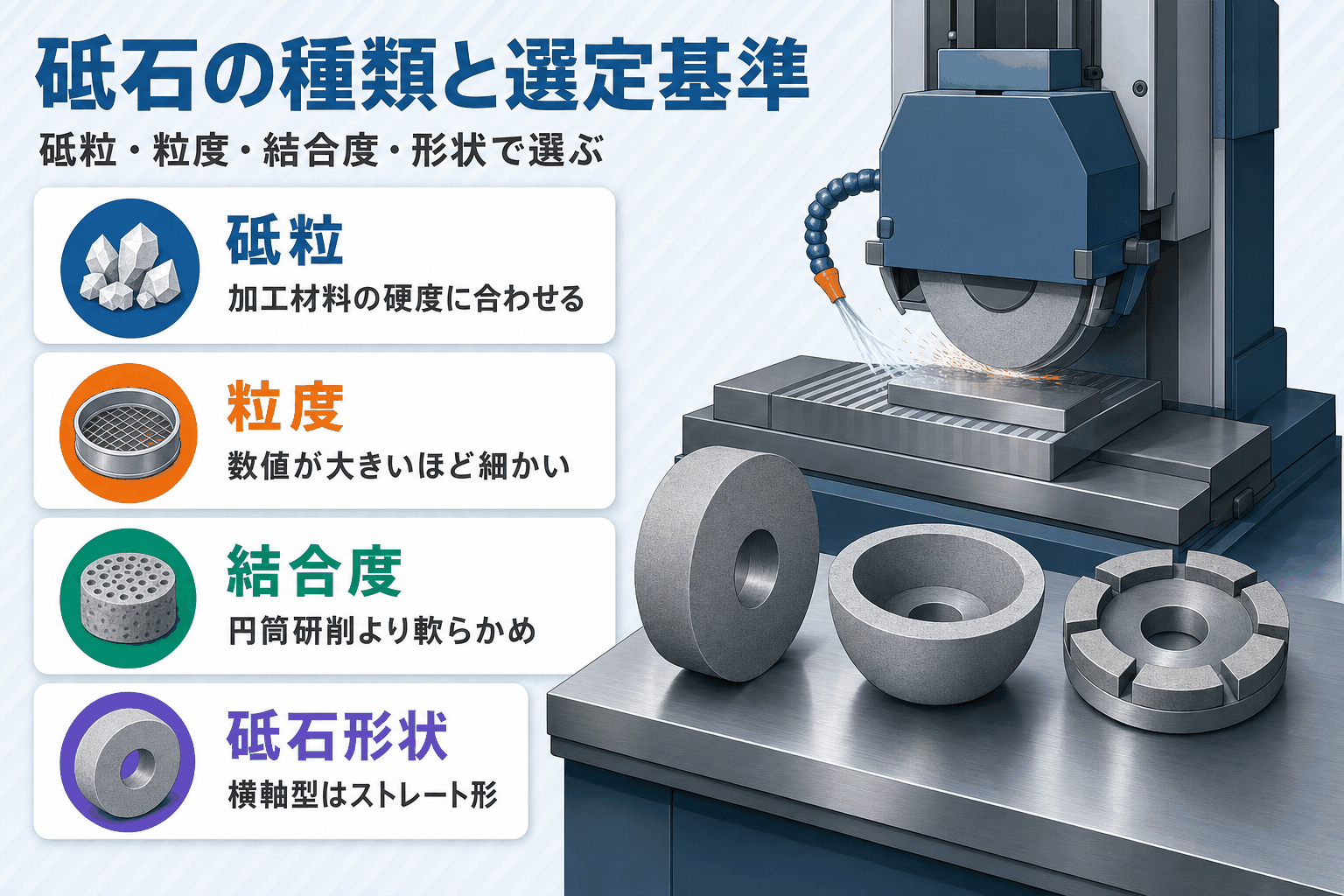 平面研削盤で使う砥石（WA・GC・CBN・ダイヤモンド）の種類と素材別選定基準