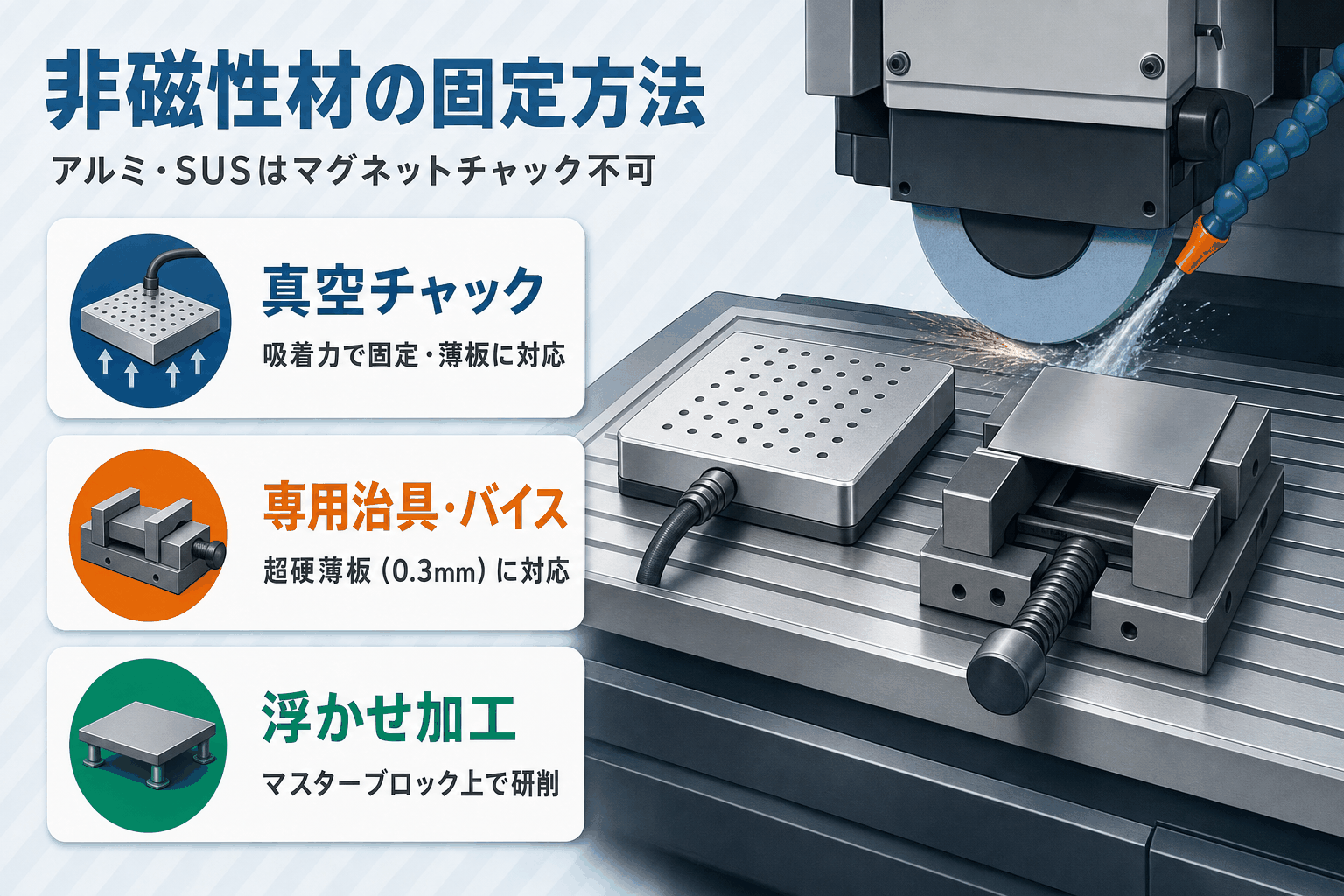平面研削盤での非磁性材（アルミ・SUS）固定方法のフロー図と3つの解決策