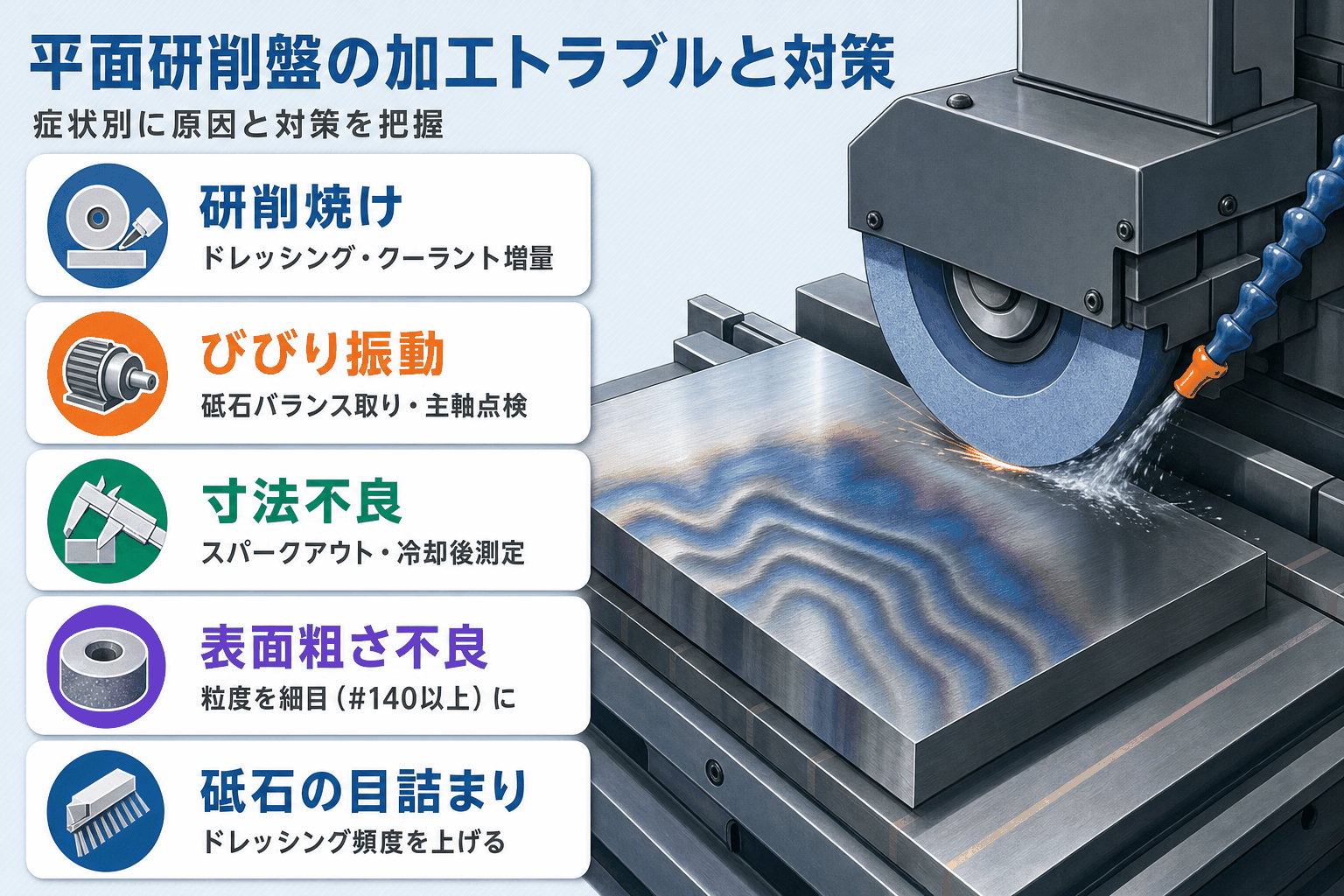 平面研削盤の加工トラブル（研削焼け・びびり振動・寸法不良等）と対策一覧